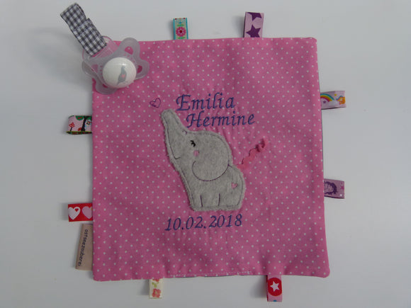 Schmusetuch Schnuffeltuch mit Elefant und Namen Baby Schmusetuch